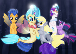 Size: 1600x1131 | Tagged: safe, artist:jucamovi1992, character:derpy hooves, character:flash sentry, character:princess skystar, character:queen novo, character:twilight sparkle, species:seapony (g4), my little pony: the movie (2017), angry, female, fin wings, fins, grin, male, nervous, nervous grin, queen novo is not amused, sea ponies, seaponified, seapony derpy, seapony flash sentry, seapony twilight, seaquestria, smiling, species swap, underwater