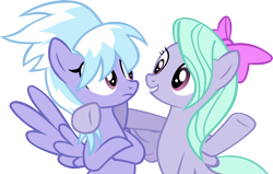 Size: 5426x3443 | Tagged: safe, artist:ironm17, character:cloudchaser, character:flitter, bow, crossed arms, grin, hair bow, hoof around neck, hoof on shoulder, looking at each other, raised hoof, simple background, smiling, transparent background, vector