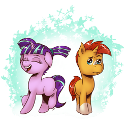 Size: 915x900 | Tagged: safe, artist:saturdaymorningproj, character:starlight glimmer, character:sunburst, species:pony, species:unicorn, episode:uncommon bond, g4, my little pony: friendship is magic, blank flank, colt, colt sunburst, contrast, duo, eyes closed, female, filly, filly starlight glimmer, happy, kinetic contrast, male, mood contrast, simple background, smiling, transparent background, younger