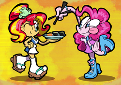Size: 1985x1399 | Tagged: safe, artist:joeywaggoner, character:pinkie pie, character:sunset shimmer, episode:good vibes, eqg summertime shorts, g4, my little pony: equestria girls, my little pony:equestria girls, alternate hairstyle, apron, belt, boots, breasts, busty pinkie pie, busty sunset shimmer, chopsticks, cleavage, clothing, female, food, geta, happi, sandals, serving tray, shirt, shoes, skirt, smiling, socks, sunset sushi, sushi, tongue out, toy interpretation, uniform