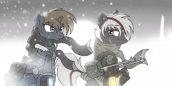 Size: 2000x1000 | Tagged: safe, artist:whitepone, oc, oc only, parent:oc:calamity, parent:oc:homage, parent:oc:littlepip, parent:oc:velvet remedy, fallout equestria, gun, magical lesbian spawn, offspring, snow, snowfall, weapon