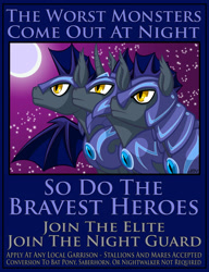 Size: 720x937 | Tagged: safe, artist:texasuberalles, species:bat pony, species:earth pony, species:pegasus, species:pony, species:unicorn, armor, bat pony unicorn, curved horn, helmet, hybrid, male, moon, night guard, poster, recruitment poster, slit eyes, stallion, trio, wingless bat pony