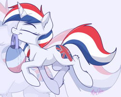 Size: 2209x1762 | Tagged: safe, artist:mistydash, oc, oc only, oc:britannia (uk ponycon), species:pony, species:unicorn, bag, eyes closed, female, mare, mouth hold, smiling, solo, uk ponycon, walking, zoom layer