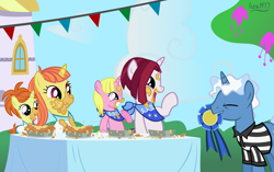 Size: 5060x3186 | Tagged: safe, artist:ironm17, character:cayenne, character:citrus blush, character:pokey pierce, species:pony, species:unicorn, episode:sisterhooves social, g4, my little pony: friendship is magic, bandana, canterlot, clothing, eating contest, female, food, grin, happy, headcanon, indian summer, pie, polo shirt, raspberry cream, shirt, sisters, smiling, t-shirt