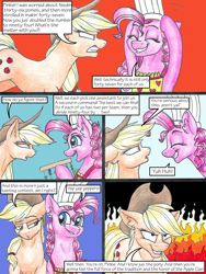 Size: 3000x4000 | Tagged: safe, artist:tillie-tmb, character:applejack, character:pinkie pie, species:pony, comic:the amulet of shades, abacus, chef's hat, clothing, comic, fire, grimdark series, hat, high res, traditional art