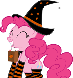 Size: 4223x4505 | Tagged: safe, artist:ironm17, character:pinkie pie, species:earth pony, species:pony, absurd resolution, bag, bandana, candy, clothing, costume, eyes closed, female, food, grin, halloween, halloween costume, happy, hat, holiday, jack-o-lantern, mare, mouth hold, pumpkin, simple background, smiling, socks, solo, spider, striped socks, transparent background, vector, witch, witch hat