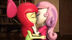 Size: 1920x1080 | Tagged: safe, artist:razethebeast, character:apple bloom, character:sweetie belle, ship:sweetiebloom, my little pony:equestria girls, 3d, clothing, eyes closed, female, kissing, lesbian, shipping, source filmmaker