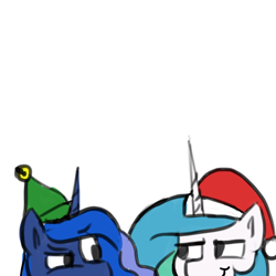 Size: 1200x1200 | Tagged: safe, artist:anticular, character:princess celestia, character:princess luna, species:alicorn, species:pony, ask sunshine and moonbeams, bust, christmas, clothing, duo, elf hat, female, hat, holiday, mare, royal sisters, santa hat, simple background, white background