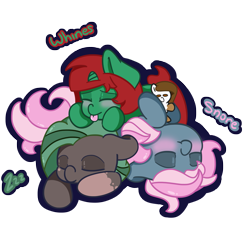 Size: 1511x1444 | Tagged: safe, artist:lou, oc, oc only, oc:acid poison, oc:ice shiver, oc:juicy dream, species:pony, species:unicorn, eyes closed, plushie, pony pile, simple background, sleeping, snoring, tongue out, transparent background, trio, zzz
