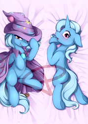 Size: 800x1120 | Tagged: safe, artist:theparagon, character:trixie, species:pony, species:unicorn, body pillow, body pillow design, butt, cape, clothing, cup, cute, dakimakura cover, diatrixes, female, grin, hat, looking at you, looking back, mare, obtrusive watermark, pinecone, plot, smiling, solo, teacup, trixie's cape, trixie's hat, watermark