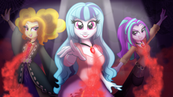 Size: 1280x720 | Tagged: safe, artist:faith-wolff, character:adagio dazzle, character:aria blaze, character:sonata dusk, fanfic:the bridge, my little pony:equestria girls, alternate costumes, alternate hairstyle, bedroom eyes, clothing, crossover, disney, dress, female, gem, halloween, hocus pocus, holiday, magic, siren gem, the dazzlings, trio, witch