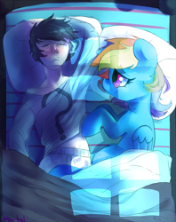 Size: 757x956 | Tagged: safe, artist:mewball, edit, character:rainbow dash, oc, oc:anon, species:human, anon with a face, bed, color edit, colored, cute, dashabetes, human fetish, humie, sleeping