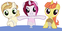Size: 4862x2469 | Tagged: safe, artist:ironm17, character:cayenne, character:citrus blush, character:sweet biscuit, species:pony, species:unicorn, drinking, female, filly, grin, looking at you, milkshake, milkshake ponies, simple background, singing, smiling, transparent background, trio, vector