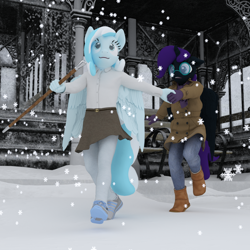 Size: 1500x1500 | Tagged: safe, artist:tahublade7, oc, oc only, oc:nyx, oc:snowdrop, species:alicorn, species:anthro, species:pegasus, species:plantigrade anthro, species:pony, 3d, alicorn oc, anthro oc, bench, blind, boots, building, cane, clothing, coat, cute, daz studio, denim, duo, female, filly, glasses, gloves, holding hands, jeans, pants, pantyhose, shoes, skirt, skirt lift, sneakers, snow, snowfall, snowflake, walking