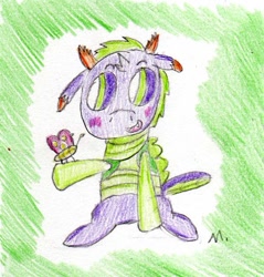 Size: 577x603 | Tagged: safe, artist:ptitemouette, character:spike, character:thorax, parent:spike, parent:thorax, parents:thoraxspike, ship:thoraxspike, butterfly, gay, interspecies offspring, magical gay spawn, male, next generation, shipping, traditional art