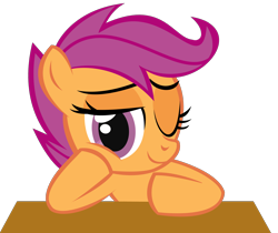 Size: 2800x2353 | Tagged: safe, artist:kuren247, character:scootaloo, species:pegasus, species:pony, desk, female, one eye closed, solo, wink