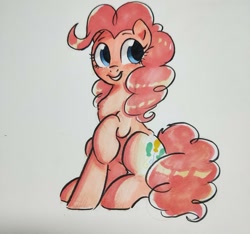 Size: 1280x1197 | Tagged: safe, artist:oofycolorful, character:pinkie pie, species:earth pony, species:pony, female, looking away, looking sideways, mare, raised hoof, simple background, sitting, smiling, solo, three quarter view, traditional art, white background
