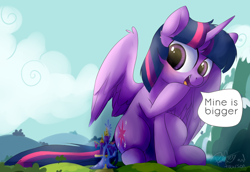 Size: 3496x2400 | Tagged: safe, artist:pucksterv, artist:taurson, character:twilight sparkle, character:twilight sparkle (alicorn), species:alicorn, species:pony, collaboration, dialogue, female, giant pony, macro, mega twilight sparkle, sitting, smiling, solo, twilight's castle