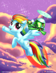 Size: 2000x2589 | Tagged: safe, artist:dieart77, character:rainbow dash, character:tank, species:pegasus, species:pony, backwards cutie mark, cloud, female, flying, helicopter, mare, multicolored hair, smiling