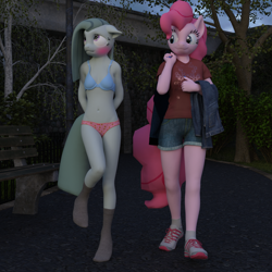 Size: 1500x1500 | Tagged: safe, artist:tahublade7, character:marble pie, character:pinkie pie, species:anthro, species:earth pony, species:plantigrade anthro, species:pony, 3d, belly button, blue underwear, blushing, bra, breasts, clothing, daz studio, duo, embarrassed, embarrassed underwear exposure, female, floppy ears, humiliation, mare, nail polish, panties, pants, pink underwear, shirt, shoes, shorts, sisters, sneakers, socks, source filmmaker, story included, tree, twins, underwear