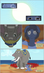 Size: 2000x3301 | Tagged: safe, artist:mlp-silver-quill, oc, oc only, oc:clutterstep, oc:imani, species:earth pony, species:pony, comic:imani, beach, comic, elephant, ocean, panic, running, screaming, shadow, shadows, sun, trench, water