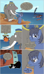 Size: 2000x3301 | Tagged: safe, artist:mlp-silver-quill, oc, oc only, oc:clutterstep, oc:imani, comic:imani, beach, clothing, elephant, explosion, hat, mr. lucky, ocean, pirate hat, sad, surprised, water