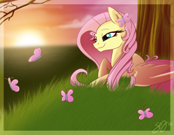 Size: 3400x2628 | Tagged: dead source, safe, artist:probablyfakeblonde, character:fluttershy, species:pony, butterfly, female, smiling, solo