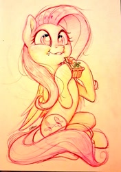 Size: 719x1024 | Tagged: safe, artist:imalou, character:fluttershy, species:pegasus, species:pony, aweeg*, carrot, cute, eating, female, food, happy, herbivore, mare, pie, shyabetes, sitting, sketch, smiling, solo, traditional art