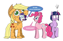 Size: 1279x828 | Tagged: safe, artist:ladyanidraws, character:applejack, character:pinkie pie, character:rarity, character:twilight sparkle, character:twilight sparkle (alicorn), species:alicorn, species:earth pony, species:pony, species:unicorn, applejack suit, clothing, costume, dialogue, female, flanderization, mare, simple background, transparent background