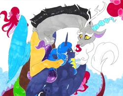 Size: 807x631 | Tagged: safe, artist:frozensoulpony, character:discord, character:princess luna, species:pony, ship:lunacord, female, male, octopus, shipping, straight, traditional art