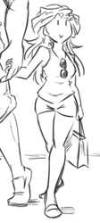 Size: 361x804 | Tagged: safe, artist:nayaasebeleguii, character:sunset shimmer, oc, oc:anon, my little pony:equestria girls, cropped, cute, legs, monochrome, shimmerbetes, size difference, solo focus, sunglasses, walking
