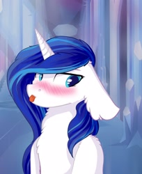 Size: 1765x2160 | Tagged: safe, artist:alphadesu, character:shining armor, blushing, chest fluff, ear fluff, gleaming shield, rule 63, solo, tongue out