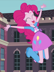 Size: 1536x2048 | Tagged: safe, artist:mlp-silver-quill, character:pinkie pie, comic:pinkie pie says goodnight, my little pony:equestria girls, ^^, balloon, boots, bracelet, canterlot high, clothing, cropped, cute, eyes closed, female, happy, jewelry, open mouth, shoes, skirt, solo, yay