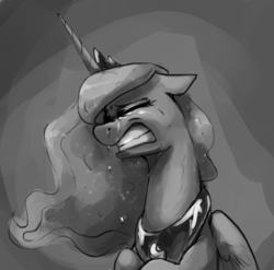Size: 746x737 | Tagged: safe, artist:anticular, character:princess luna, species:alicorn, species:pony, bust, crying, eyes closed, female, floppy ears, grayscale, gritted teeth, jewelry, mare, monochrome, regalia, sad, solo, vent art