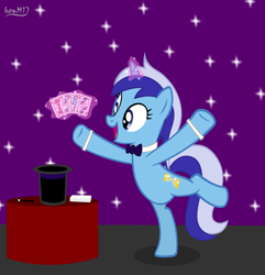 Size: 5765x5978 | Tagged: safe, artist:ironm17, character:minuette, character:pinkie pie, character:rainbow dash, character:rarity, character:twilight sparkle, species:pony, species:unicorn, absurd resolution, bow tie, card, card trick, cylinder, female, jack of clubs, jack of hearts, magic, magic aura, magic trick, mare, playing card, queen of diamonds, queen of spades, solo, standing, standing on one leg, table, wand