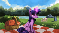 Size: 1920x1080 | Tagged: safe, artist:hierozaki, character:twilight sparkle, character:twilight sparkle (alicorn), species:alicorn, species:pony, basket, chewing, eating, female, food, full mouth, grass, mare, picnic, picnic basket, pond, sandwich, scenery, sitting, sky, solo, squishy cheeks, tree, water