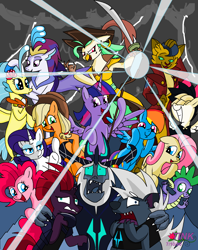Size: 1368x1724 | Tagged: safe, artist:pencil bolt, character:applejack, character:capper dapperpaws, character:captain celaeno, character:fluttershy, character:grubber, character:pinkie pie, character:princess skystar, character:queen novo, character:rainbow dash, character:rarity, character:songbird serenade, character:spike, character:storm king, character:tempest shadow, character:twilight sparkle, character:twilight sparkle (alicorn), species:abyssinian, species:alicorn, species:anthro, species:bird, species:dragon, species:pony, species:seapony (g4), my little pony: the movie (2017), anthro with ponies, cat, cowering, faec, funny pony, looking at you, mane seven, mane six, my little pony, open mouth, pony fun time, rainbow dash is best facemaker, scared, smiling, so awesome, staff, staff of sacanas, storm