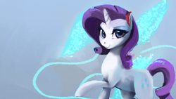 Size: 1920x1080 | Tagged: safe, artist:hierozaki, character:rarity, species:pony, species:unicorn, female, looking at you, mare, raised hoof, smiling, solo, wallpaper