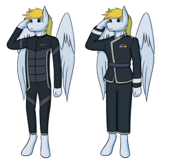 Size: 1800x1700 | Tagged: safe, artist:daf, artist:niccosaint, oc, oc only, oc:cutting chipset, species:anthro, species:pegasus, species:pony, species:unguligrade anthro, anthro oc, bodysuit, clothing, collaboration, jumpsuit, male, military, military uniform, salute, simple background, transparent background, uniform