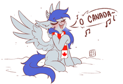 Size: 4263x2922 | Tagged: safe, artist:ruef, oc, oc only, oc:gabriel, species:pegasus, species:pony, blushing, canada, clothing, fangs, national anthem, scarf, singing, snow, solo