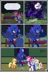 Size: 3254x4837 | Tagged: safe, artist:gutovi, character:applejack, character:fluttershy, character:pinkie pie, character:princess luna, character:rainbow dash, character:rarity, character:twilight sparkle, species:pony, comic:why me!?, bed, broken window, comic, explicit series, glass, mane six, mare in the moon, moon