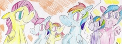 Size: 1253x449 | Tagged: safe, artist:ptitemouette, character:firefly, character:fluttershy, character:rainbow dash, oc, oc:butterfly, oc:rainbow peace, oc:speed flash, parent:firefly, parent:fluttershy, parent:rainbow dash, parents:dashfly, parents:flutterdash, ship:dashfly, ship:flutterdash, g1, family, female, lesbian, magical lesbian spawn, next generation, offspring, shipping
