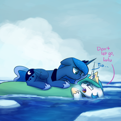 Size: 1200x1200 | Tagged: safe, artist:anticular, character:princess celestia, character:princess luna, species:alicorn, species:pony, ask sunshine and moonbeams, boat, cropped, crown, dialogue, duo, female, floppy ears, jewelry, looking at each other, mare, ocean, open mouth, regalia, titanic, water