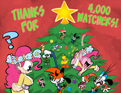 Size: 2380x1821 | Tagged: safe, artist:joeywaggoner, character:doctor whooves, character:pinkie pie, character:time turner, non-mlp oc, oc, species:human, species:pony, big bird, breasts, busty pinkie pie, christmas, christmas tree, clothing, disney, donald duck, furry, holiday, human ponidox, humanized, kermit the frog, looking at each other, mistletoe, oswald the lucky rabbit, ponidox, self ponidox, spirit of hearth's warming presents, tree