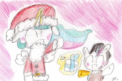 Size: 816x545 | Tagged: safe, artist:ptitemouette, character:princess celestia, oc, oc:chaotic tornado, parent:discord, parent:princess celestia, parents:dislestia, christmas, clothing, costume, holiday, hybrid, interspecies offspring, next generation, offspring, santa costume