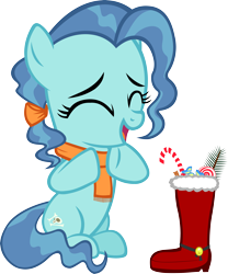 Size: 4157x4988 | Tagged: safe, artist:ironm17, character:petunia paleo, species:earth pony, species:pony, g4, absurd resolution, boot, candy, candy cane, christmas, clothing, eyes closed, female, filly, food, happy, holiday, santa boots, scarf, simple background, solo, transparent background, vector