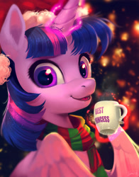 Size: 1699x2165 | Tagged: safe, artist:imalou, character:twilight sparkle, character:twilight sparkle (alicorn), species:alicorn, species:pony, best princess, bust, candy, candy cane, christmas, clothing, cute, ear fluff, female, fluffy, food, glowing horn, hat, holiday, levitation, looking at you, magic, mare, mug, open mouth, santa hat, scarf, smiling, solo, spread wings, telekinesis, twiabetes, wings, winter