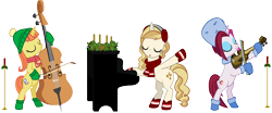 Size: 5126x2141 | Tagged: safe, artist:ironm17, character:cayenne, character:citrus blush, character:sweet biscuit, species:pony, species:unicorn, advent wreath, beanie, bipedal, boots, candle, cello, christmas, clothing, earmuffs, female, group, hat, holiday, mare, musical instrument, piano, scarf, shoes, simple background, singing, transparent background, trio, vector, violin, winter outfit