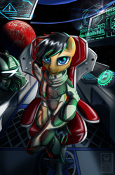 Size: 2100x3200 | Tagged: safe, artist:elmutanto, oc, oc only, species:pony, arm behind head, helmet, looking at you, male, qr code, sitting, smiling, space, space suit, spaceship, stallion, stars
