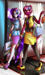 Size: 1700x2800 | Tagged: safe, artist:elmutanto, character:rarity, oc, species:anthro, species:pony, anthro oc, canon x oc, clothing, commission, female, high heels, holding hands, mare, missing horn, qr code, shoes, shopping, shopping bags, smiling, walking